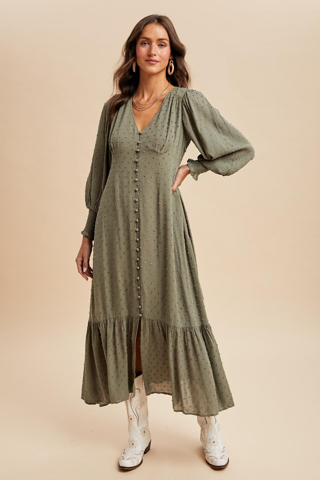 Dusty Olive Swiss Dot Button Down Maxi Dress