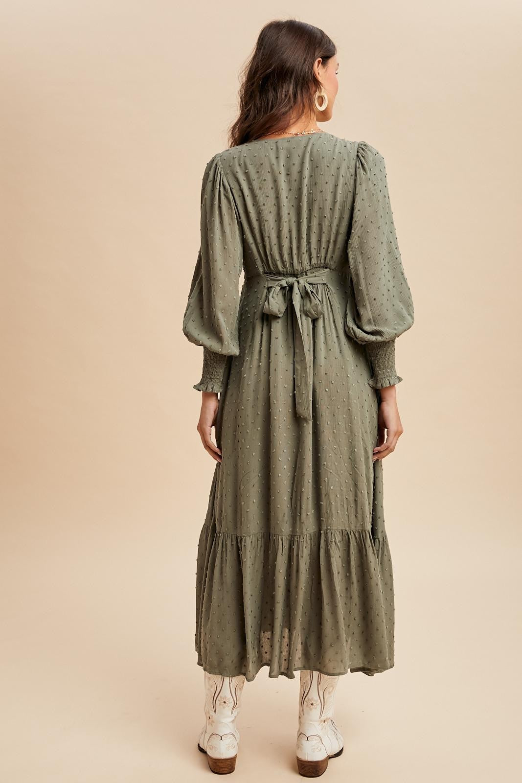 Dusty Olive Swiss Dot Button Down Maxi Dress