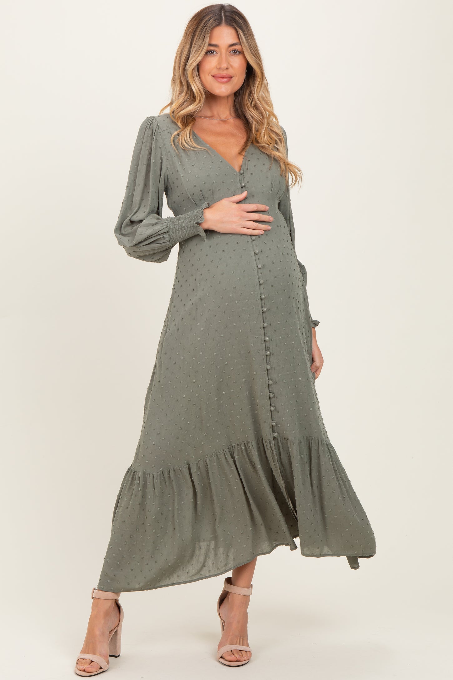 Dusty Olive Swiss Dot Button Down Maternity Maxi Dress