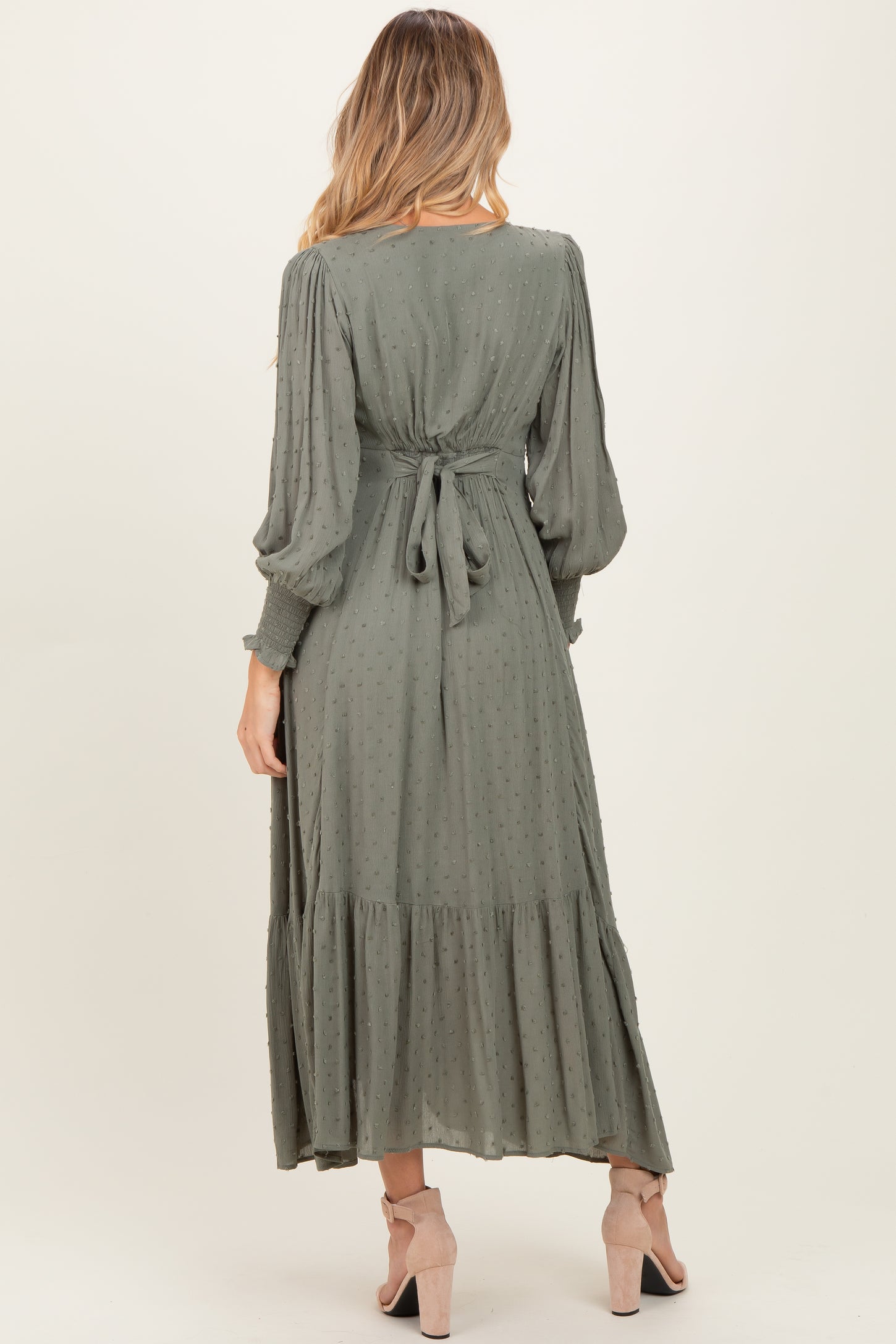 Dusty Olive Swiss Dot Button Down Maternity Maxi Dress