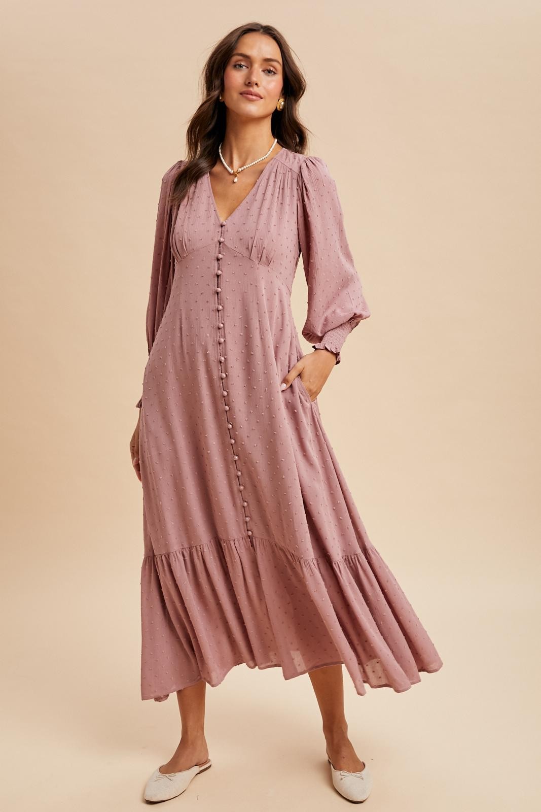 Rose Swiss Dot Button Down Maxi Dress
