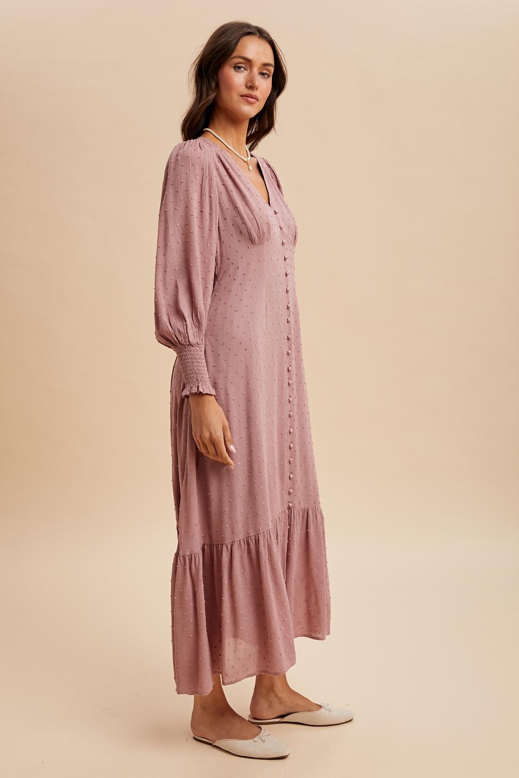 Rose Swiss Dot Button Down Maxi Dress