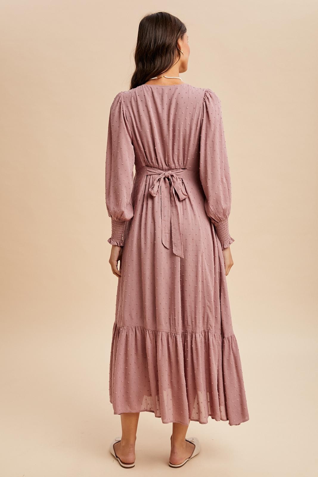 Rose Swiss Dot Button Down Maxi Dress