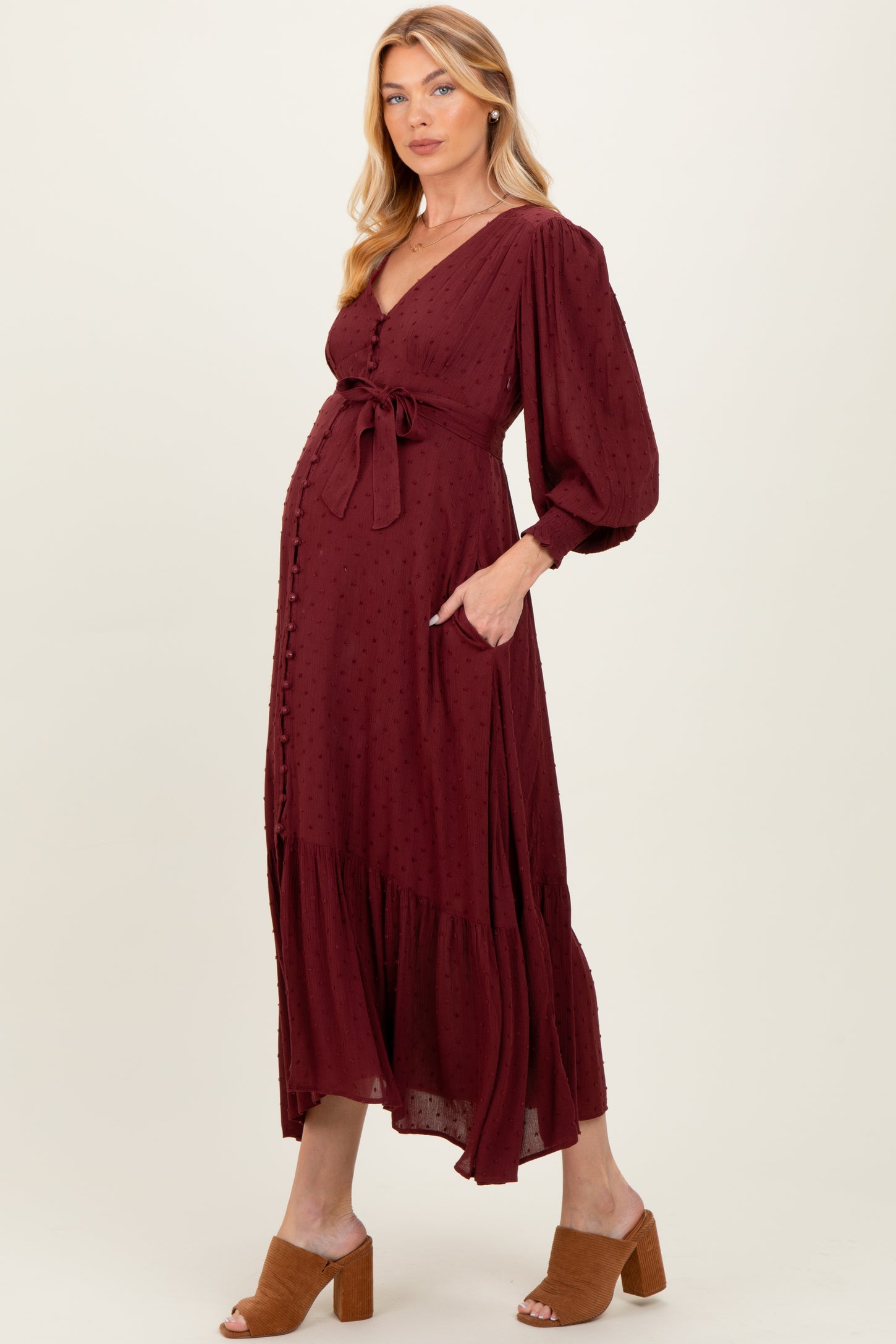 Burgundy Swiss Dot Button Down Maternity Maxi Dress