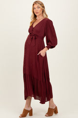 Burgundy Swiss Dot Button Down Maternity Maxi Dress