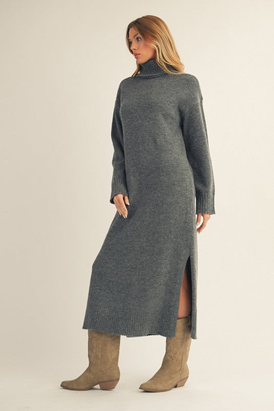 Charcoal Turtleneck Sweater Midi Dress