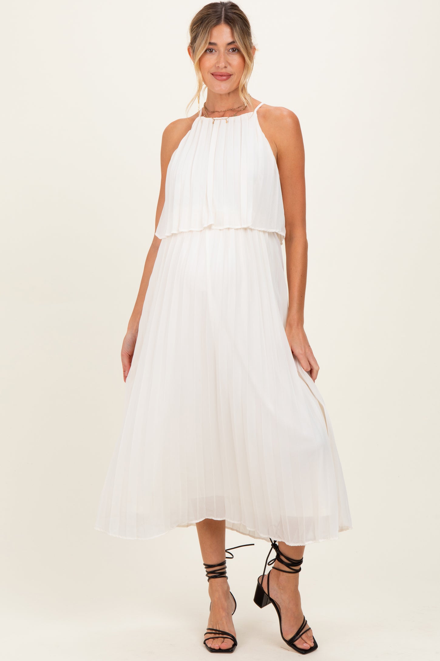 Cream Pleated Woven Maternity Midi Dress