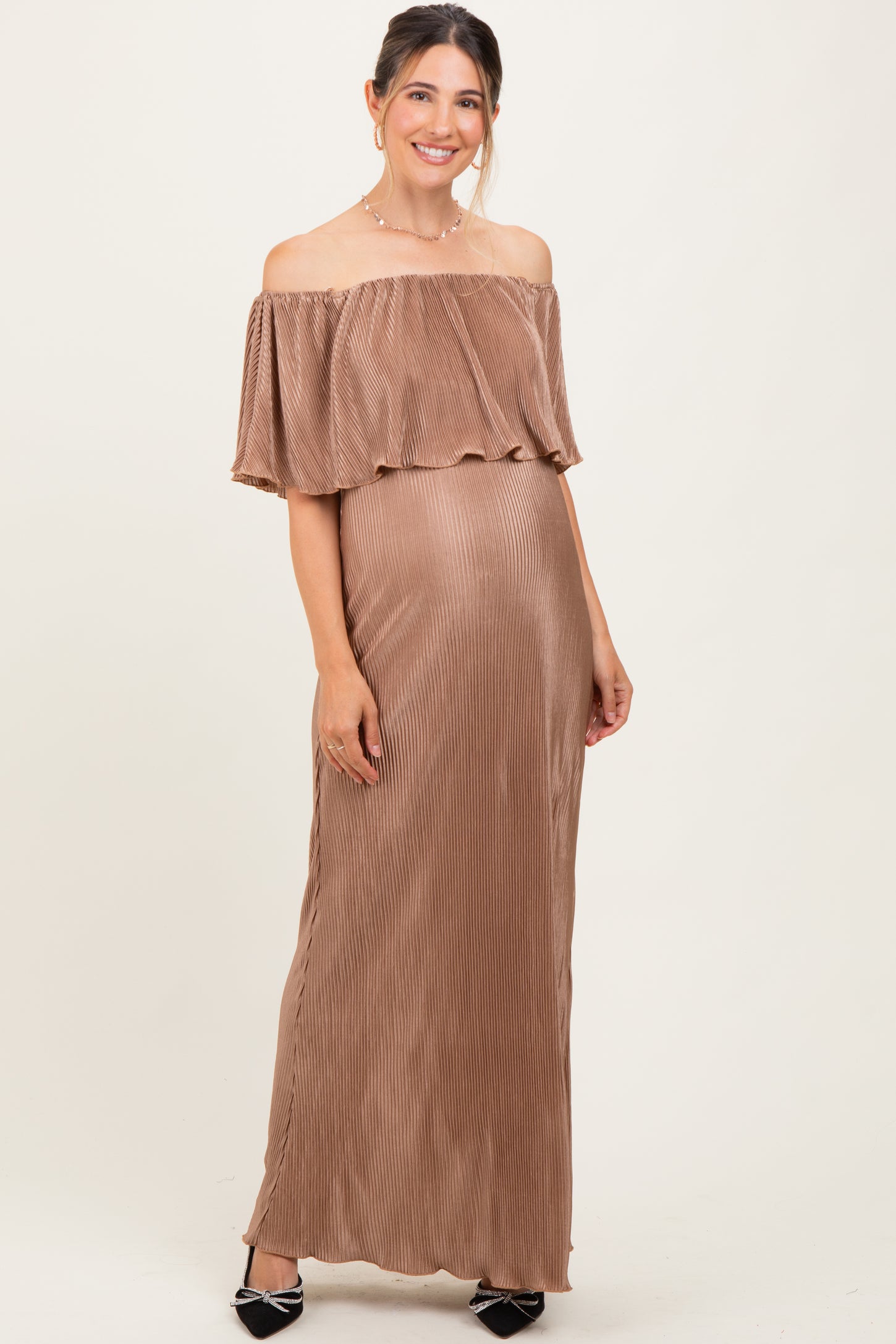 Mocha Pleated Ruffle Off Shoulder Maternity Maxi Dress