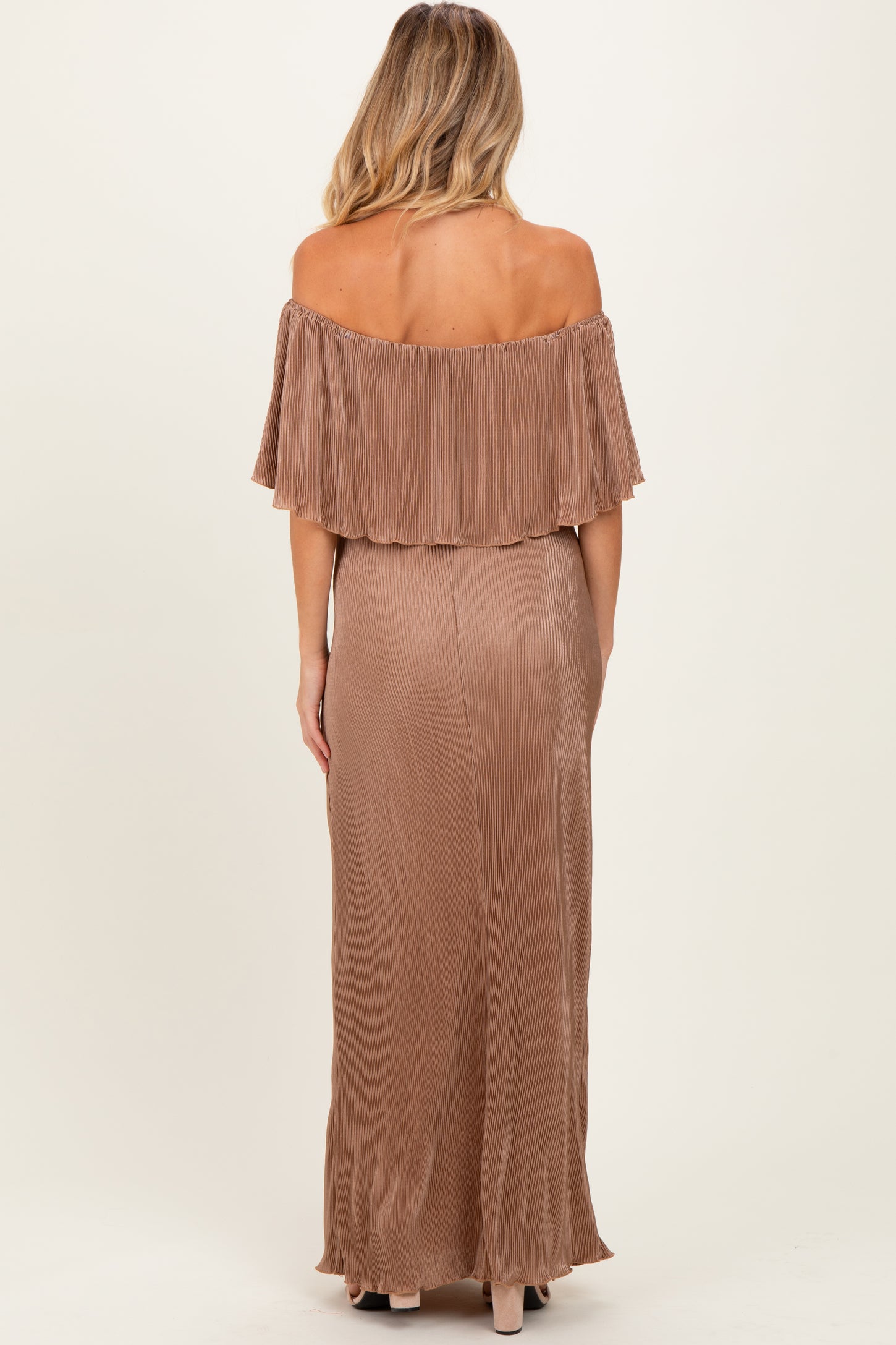 Mocha Pleated Ruffle Off Shoulder Maternity Maxi Dress
