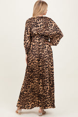 Leopard Pleated V Neck Satin Maxi Dress