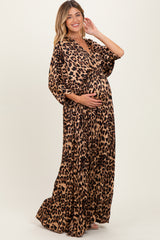 Leopard Pleated V Neck Satin Maternity Maxi Dress