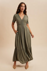 Olive Lace Trim Button Down Maxi Dress