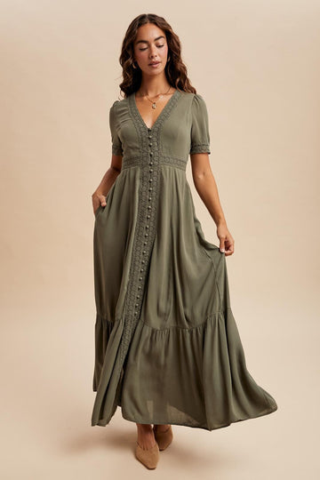 Olive Lace Trim Button Down Maxi Dress