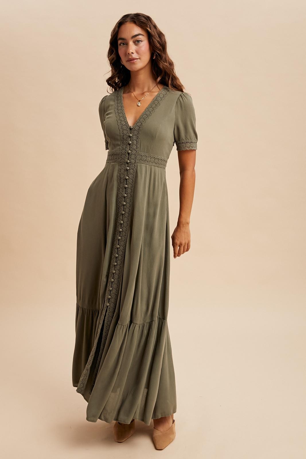 Olive Lace Trim Button Down Maxi Dress