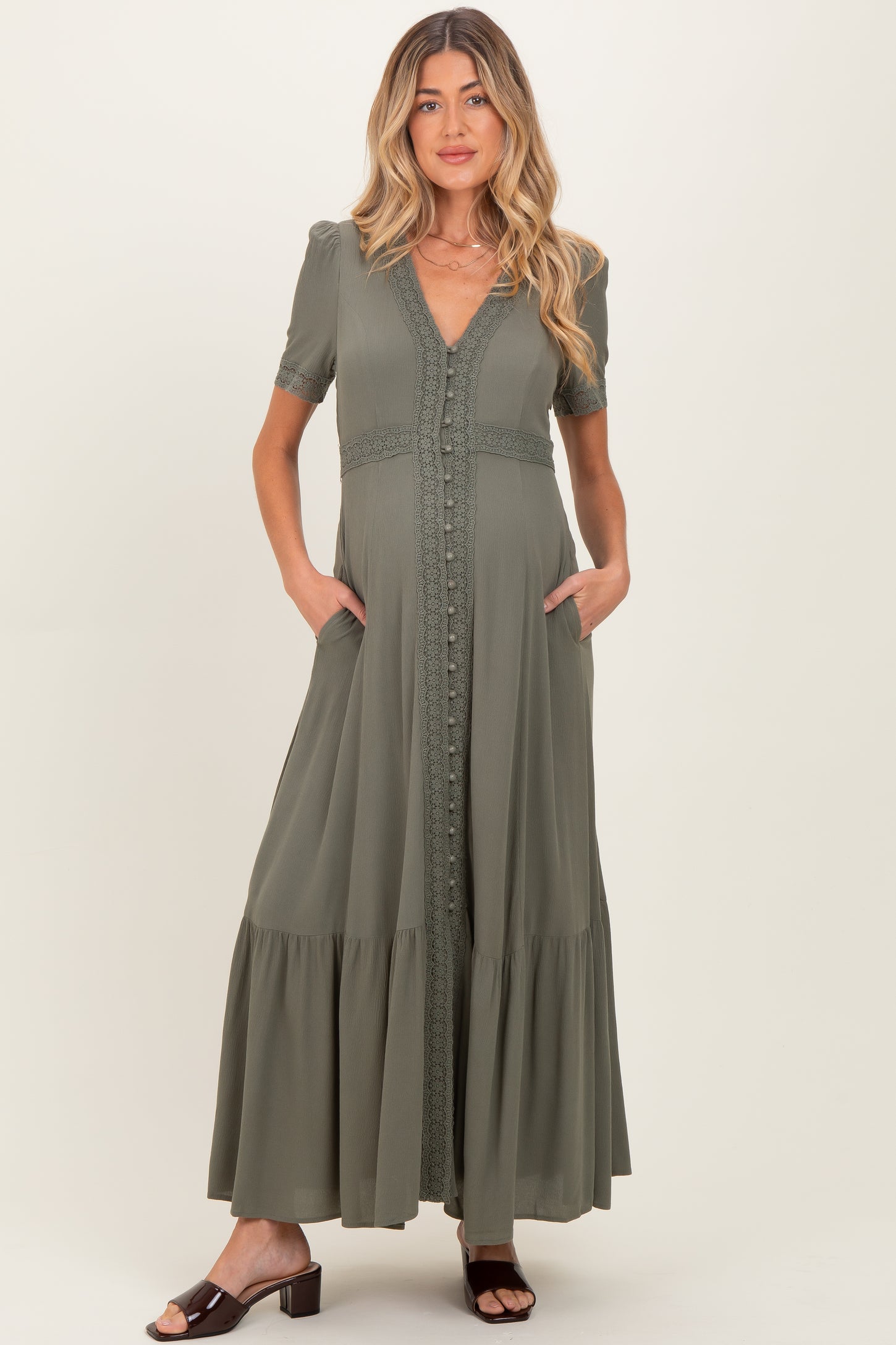 Olive Lace Trim Button Down Maternity Maxi Dress