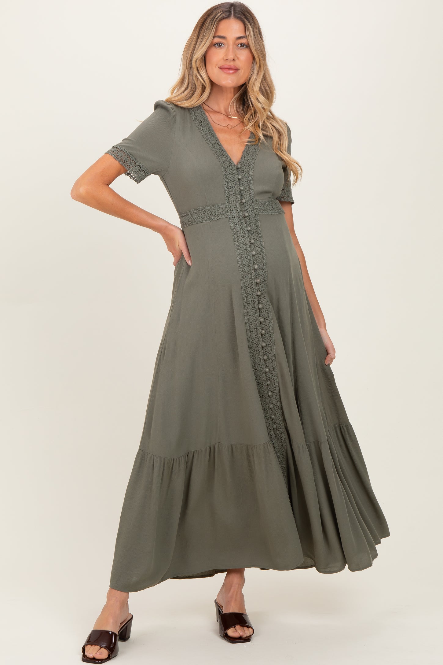 Olive Lace Trim Button Down Maternity Maxi Dress