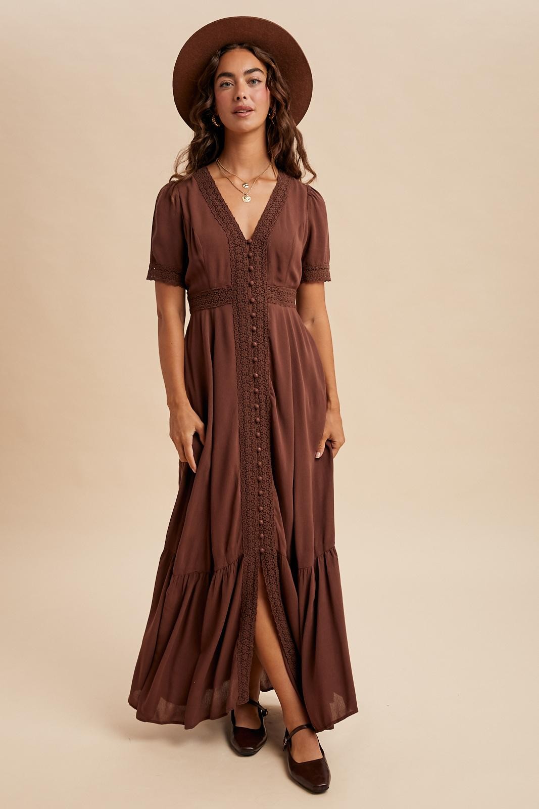 Brown Lace Trim Button Down Maxi Dress