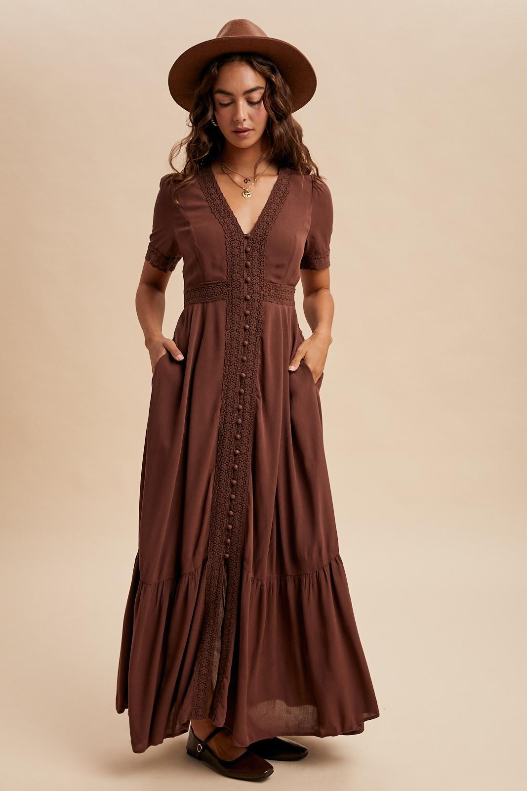 Brown Lace Trim Button Down Maxi Dress