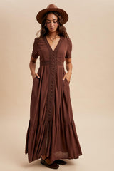 Brown Lace Trim Button Down Maxi Dress