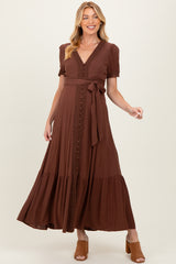 Brown Lace Trim Button Down Maternity Maxi Dress
