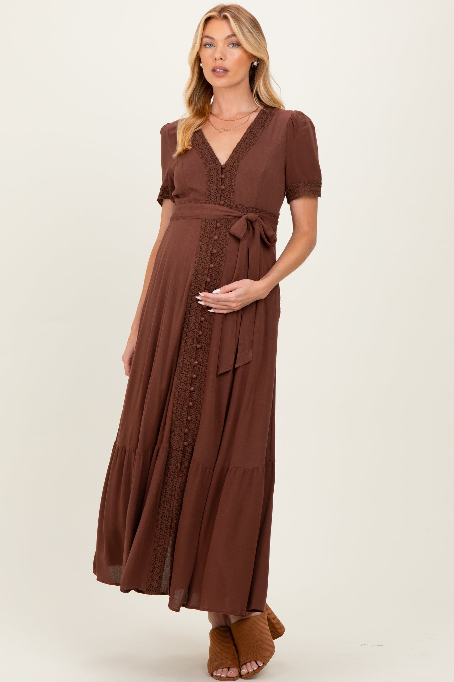 Brown Lace Trim Button Down Maternity Maxi Dress