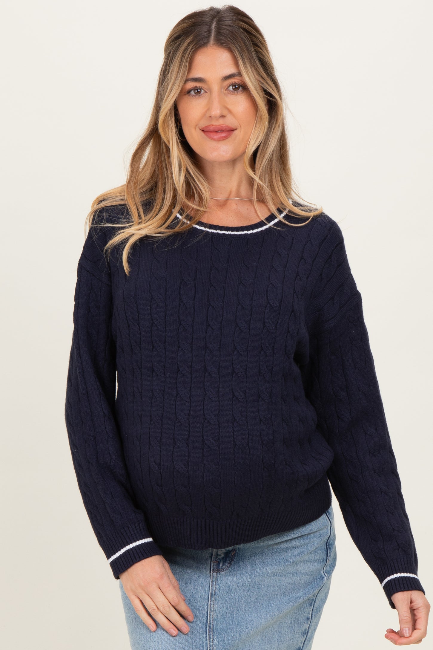 Navy Chunky Cable Knit Maternity Sweater