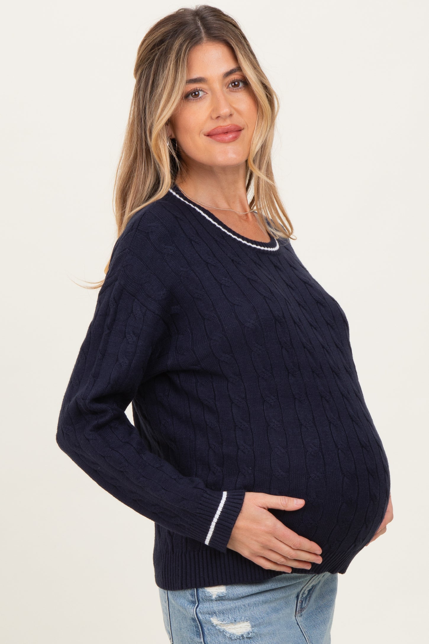 Navy Chunky Cable Knit Maternity Sweater