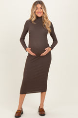 Brown Turtle Neck Long Sleeve Rib Fitted Maternity Midi Dress