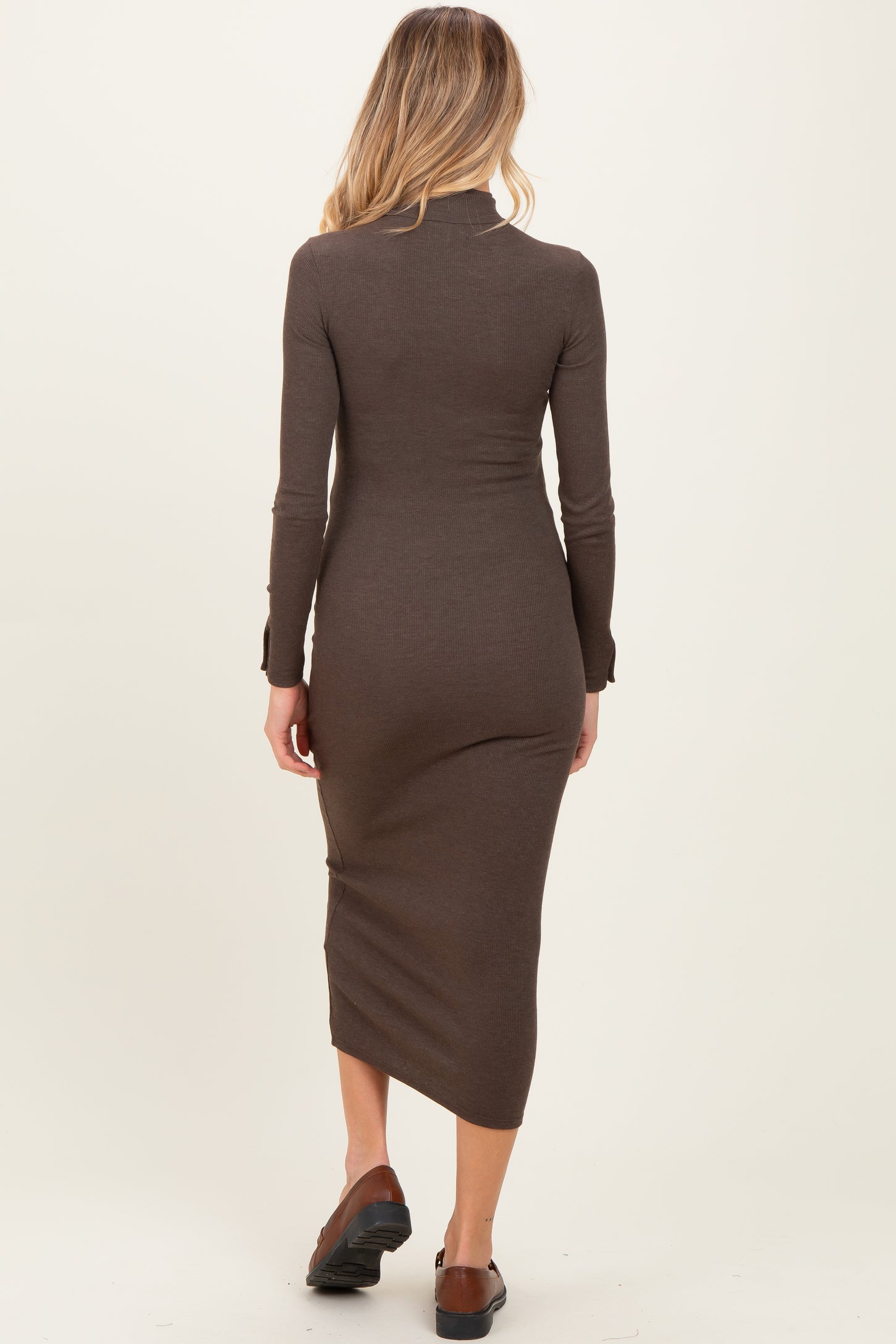 Brown Turtle Neck Long Sleeve Rib Fitted Maternity Midi Dress