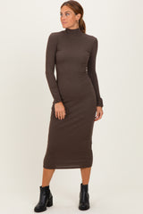 Brown Turtle Neck Long Sleeve Rib Fitted Midi Dress