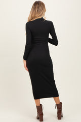 Black Turtle Neck Long Sleeve Rib Fitted Maternity Midi Dress