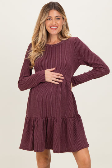 Burgundy Textured Rib Tiered Long Sleeve Maternity Dress