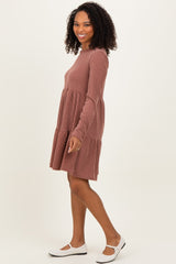 Rust Textured Rib Tiered Long Sleeve Dress