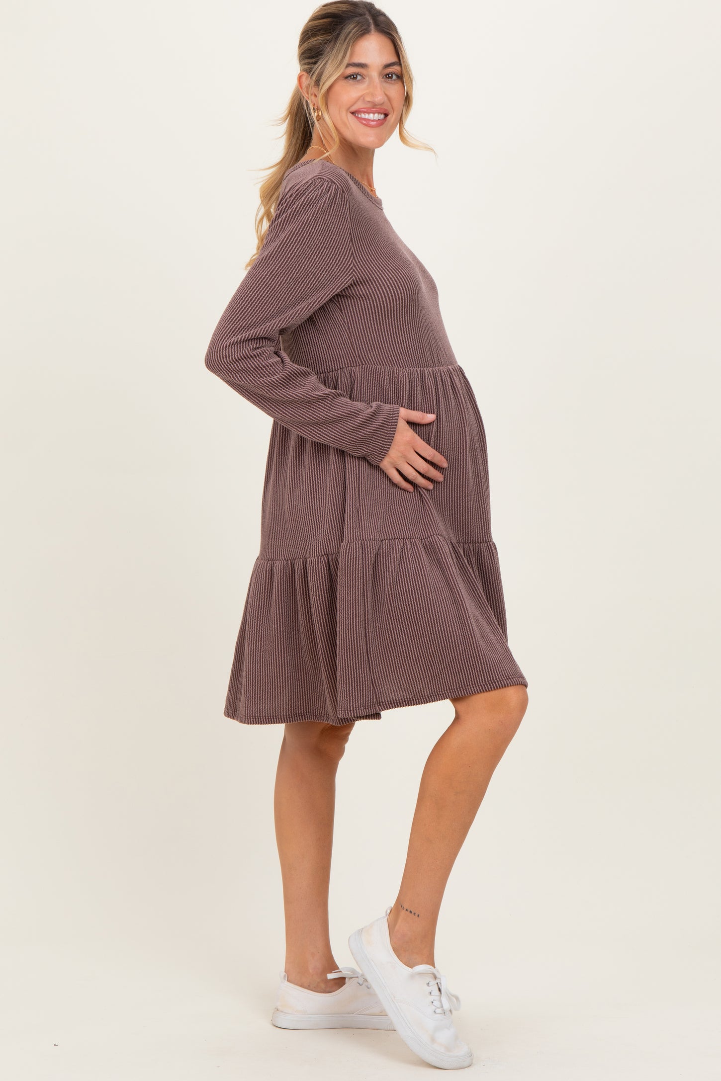 Brown Textured Rib Tiered Long Sleeve Maternity Dress