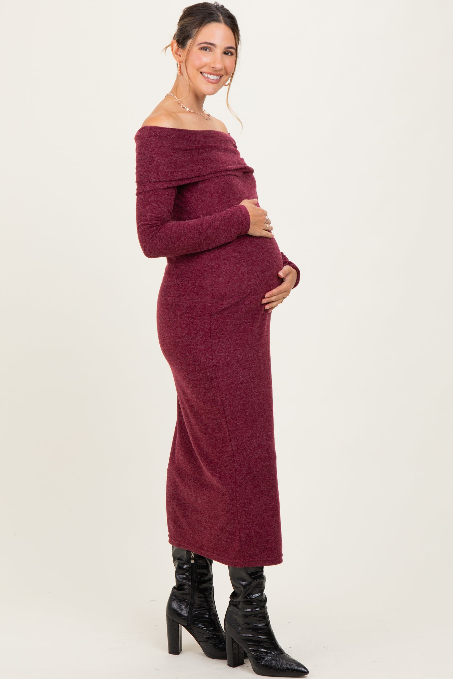 Burgundy Long Sleeve Off Shoulder Maternity Maxi Dress