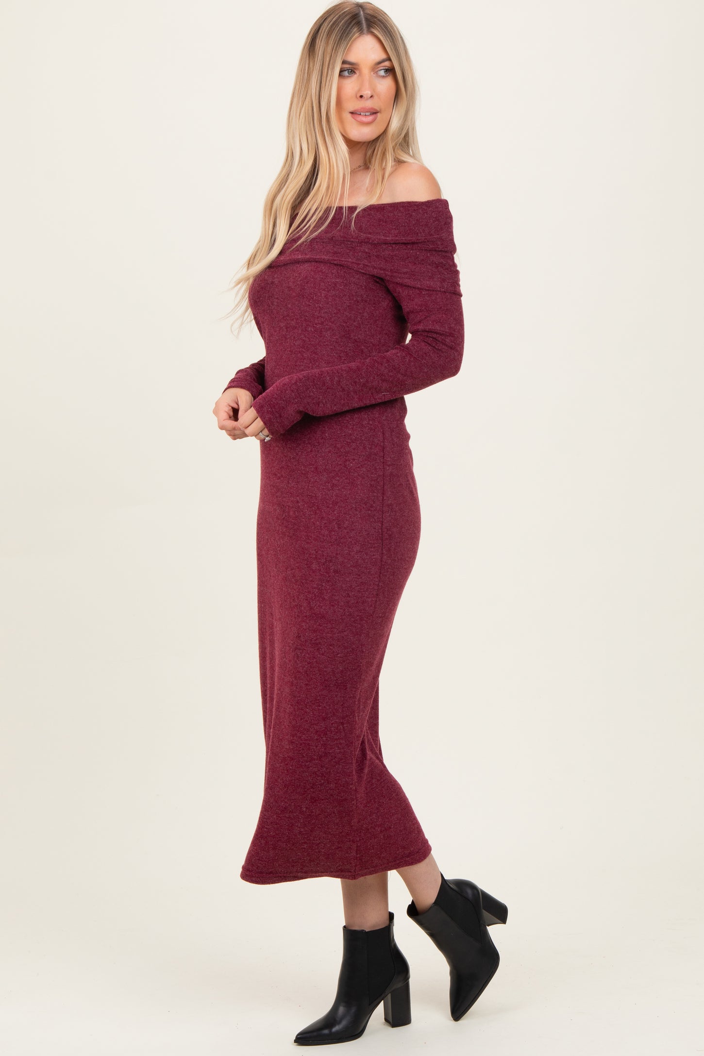 Burgundy Long Sleeve Off Shoulder Maxi Dress