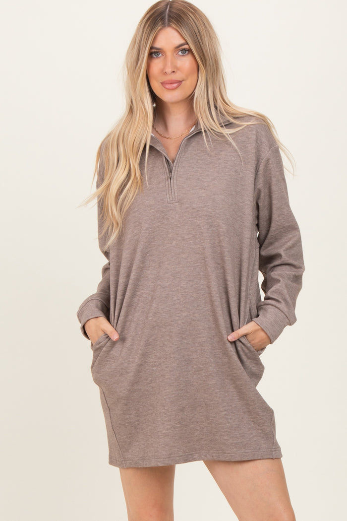 Taupe Brushed Quarter Zip Jersey Lounge Sweatshirt Dress