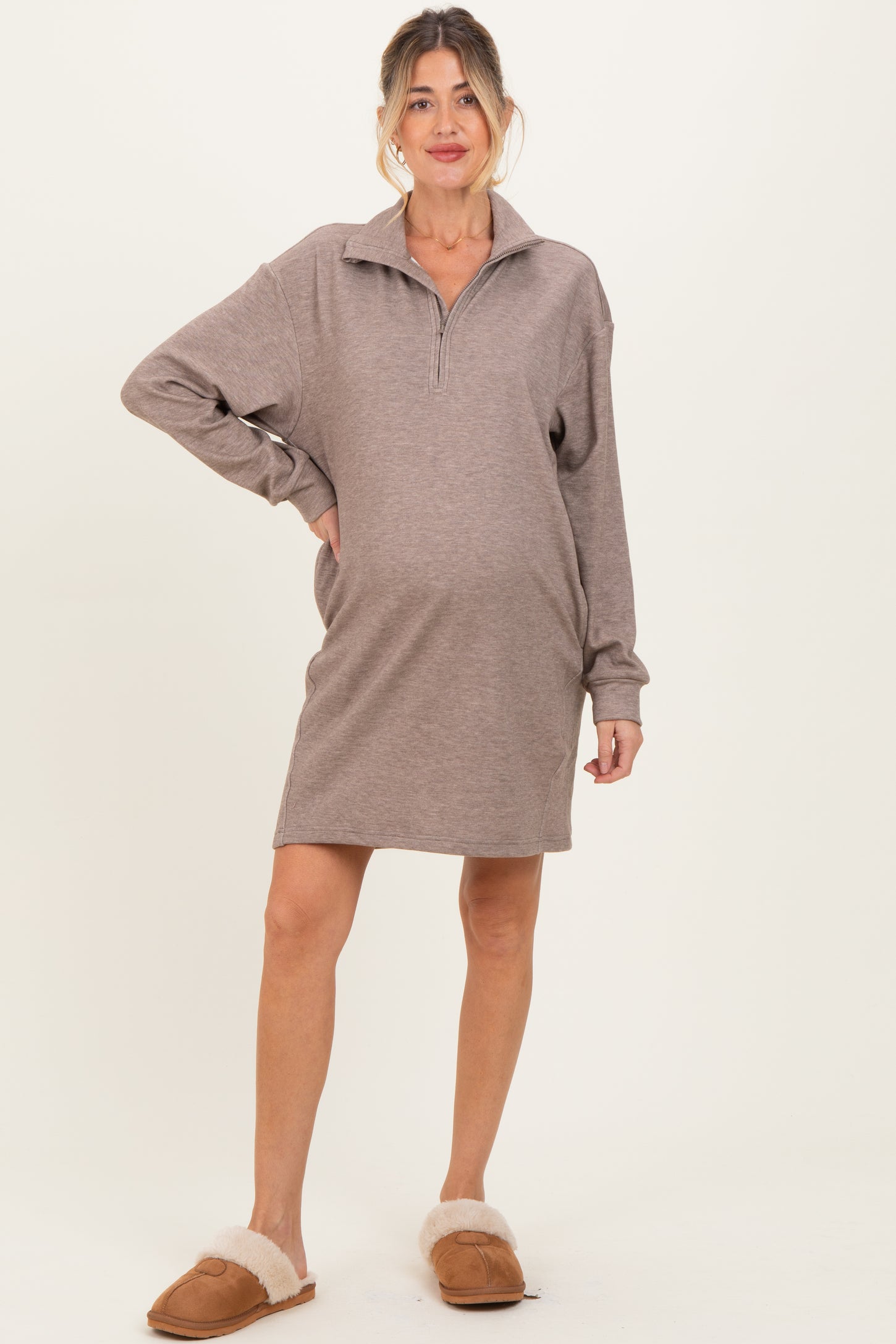 Taupe Brushed Quarter Zip Jersey Lounge Maternity Sweatshirt Dress