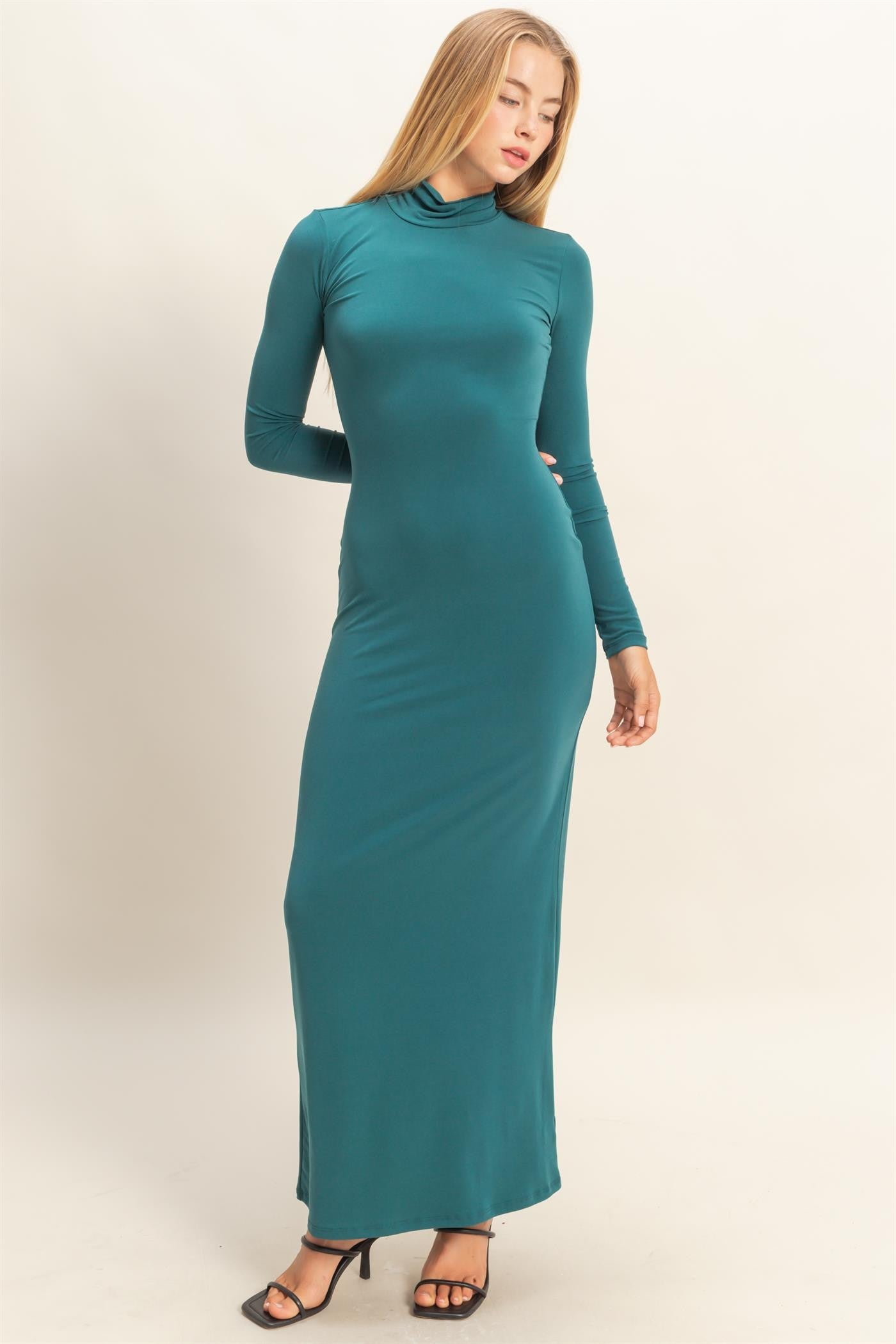 Green Turtleneck Long Sleeve Maxi Dress