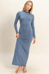 Blue Turtleneck Long Sleeve Maternity Maxi Dress