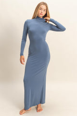 Blue Turtleneck Long Sleeve Maxi Dress