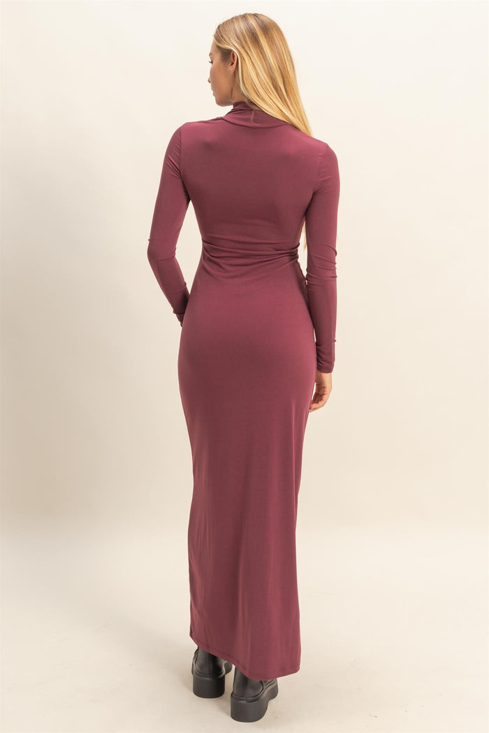 Burgundy Turtleneck Long Sleeve Maxi Dress