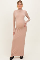 Beige Turtleneck Long Sleeve Maternity Maxi Dress