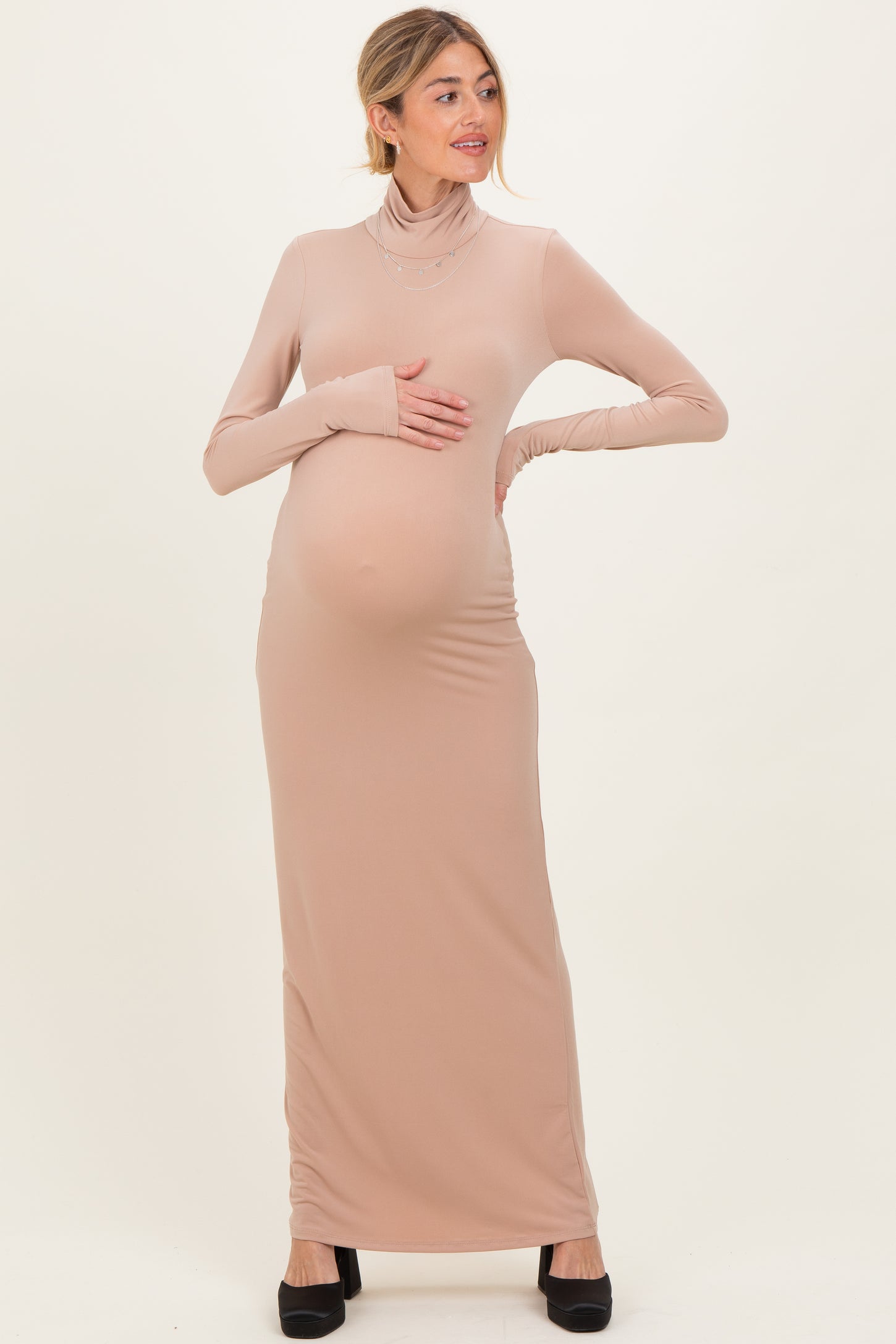 Beige Turtleneck Long Sleeve Maternity Maxi Dress