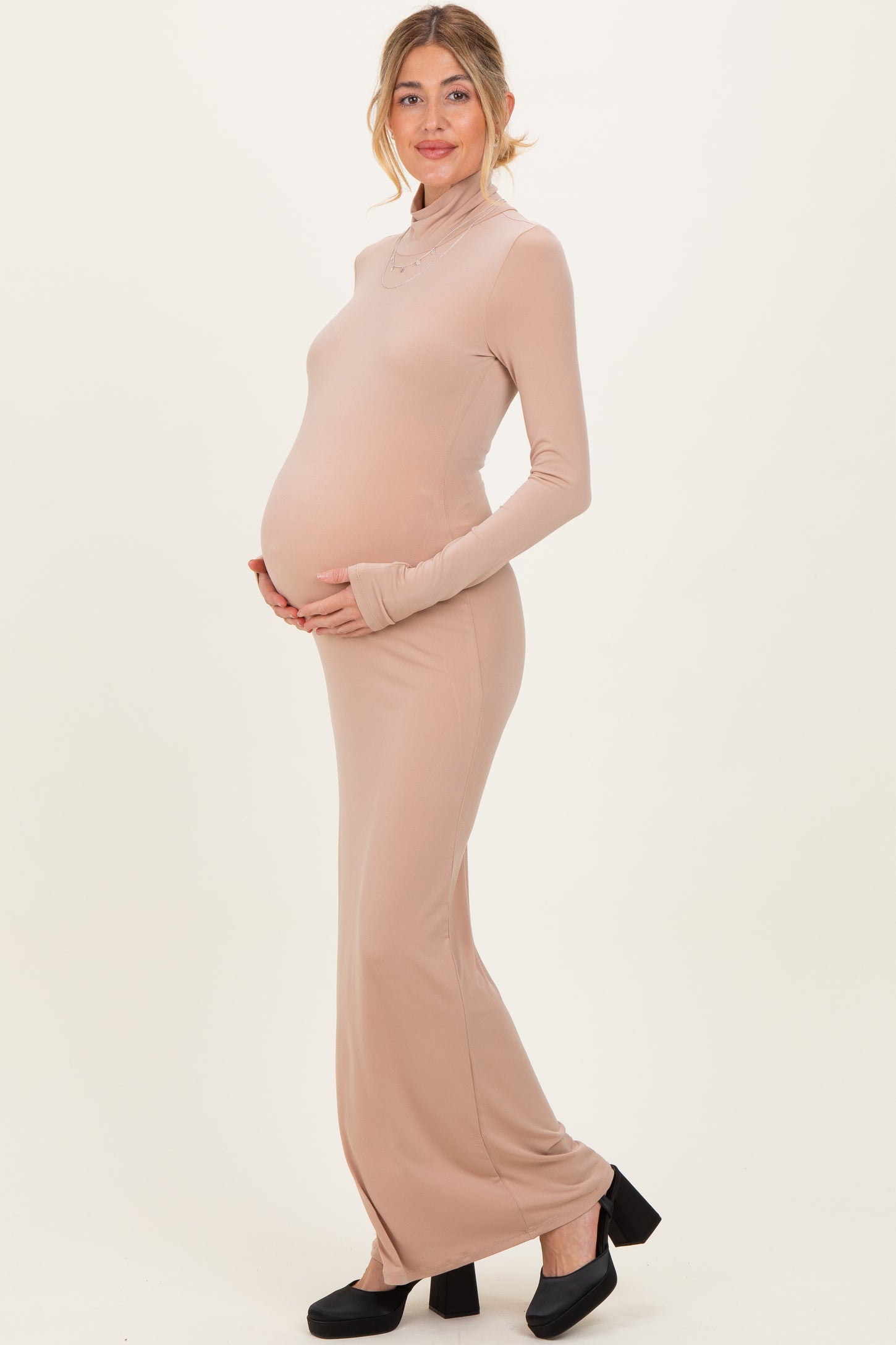 Beige Turtleneck Long Sleeve Maternity Maxi Dress – PinkBlush
