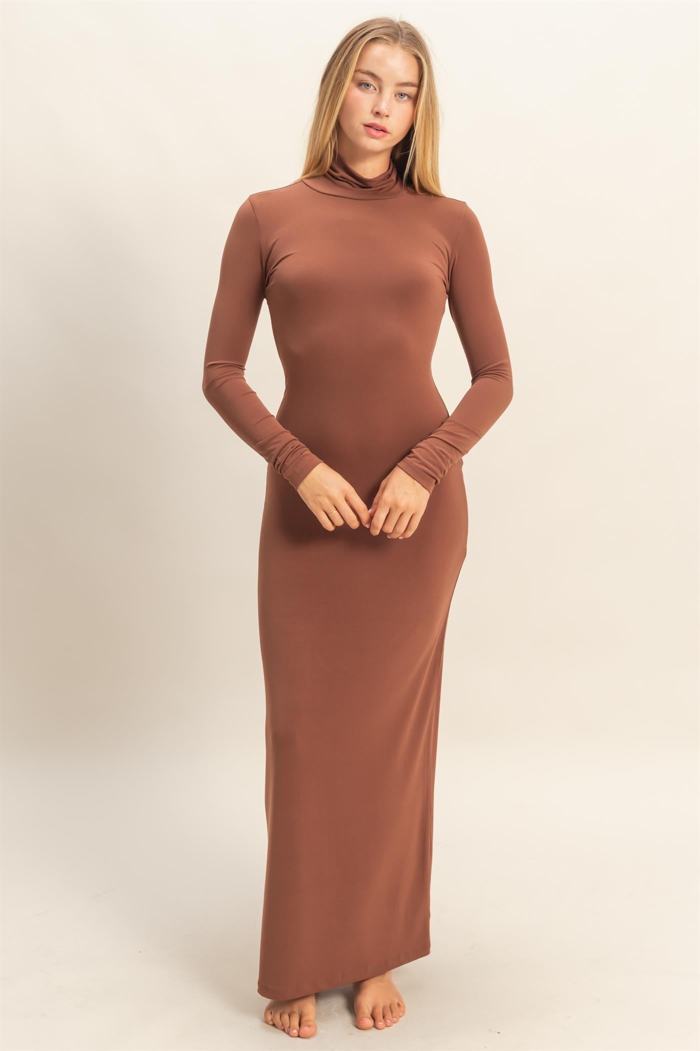 Camel Turtleneck Long Sleeve Maxi Dress