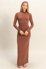 Camel Turtleneck Long Sleeve Maxi Dress
