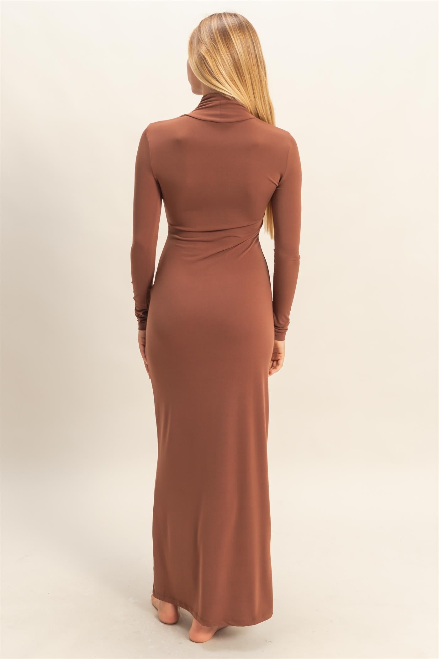 Camel Turtleneck Long Sleeve Maxi Dress