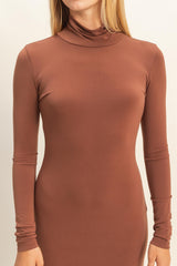 Camel Turtleneck Long Sleeve Maxi Dress