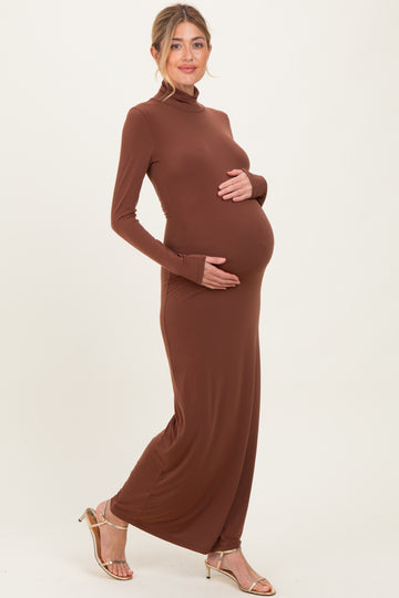 Camel Turtleneck Long Sleeve Maternity Maxi Dress